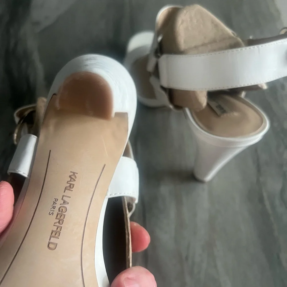 Karl Lagerfeld White Patent High Heel Sandals with Buckle